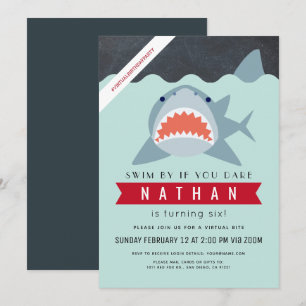 Invitation Shark Boy Navy Blue Virtual Pool Anniversaire