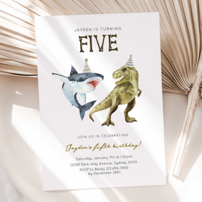 Invitation Shark & Dino 5th B'day Invite, T-rex Shark Party (Créateur téléchargé)