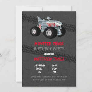 Invitation Shark Monster Truck Racing Drapeau fête d'annivers