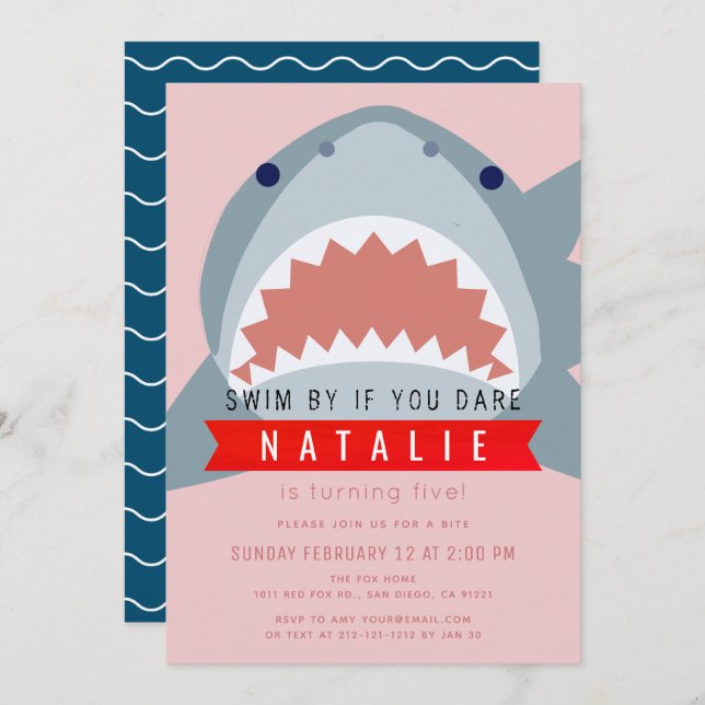 Invitation Shark Pink Pool Girl Photo Anniversaire (Devant / Derrière)