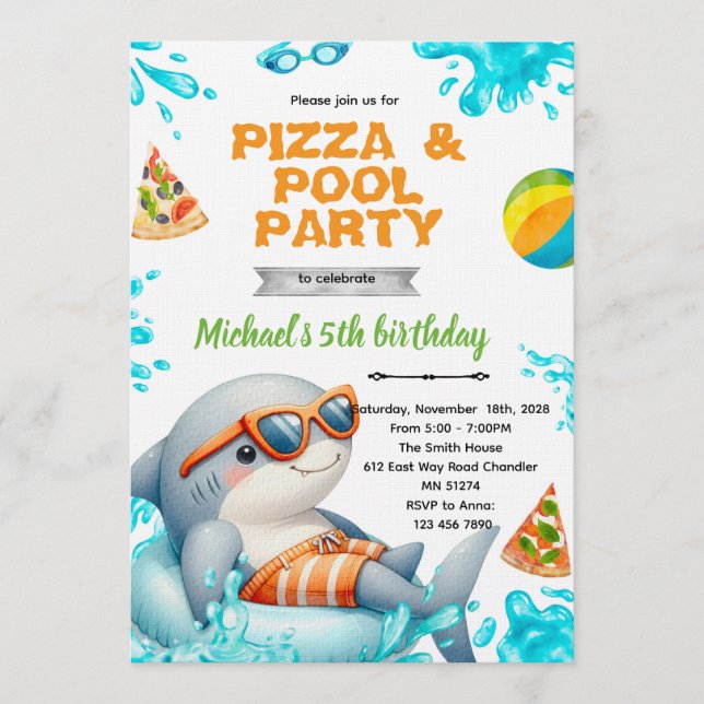 Invitation Shark Pool pizza Party Birthday Invite (Devant)