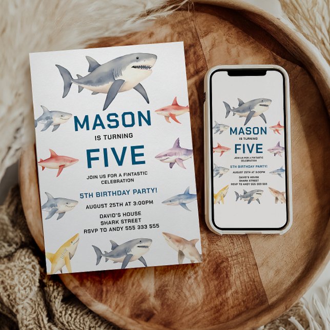 Invitation Shark Splash 5th Birthday Party | Cute Ocean Kids (Shark Splash 5th Birthday Party | Cute Ocean Kids Invitation)