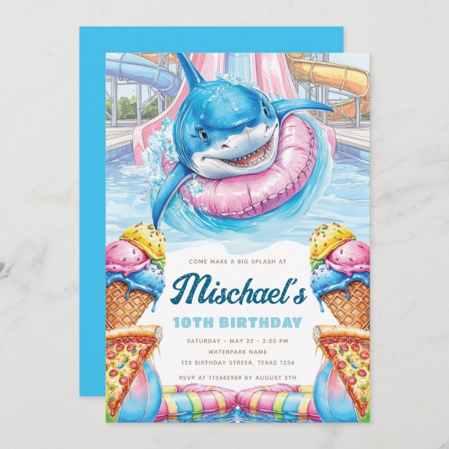Invitation Shark Waterpark Fun Boys Pool Party Birthday (Devant / Derrière)