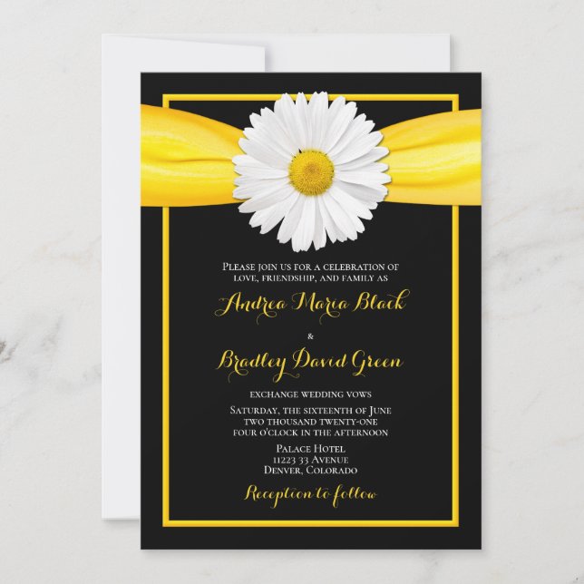 Invitation Shasta Daisy Yellow Ribbon Mariage noir (Devant)