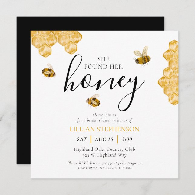Invitation She Found Her Honey Bee Themed Bridal Shower (Devant / Derrière)