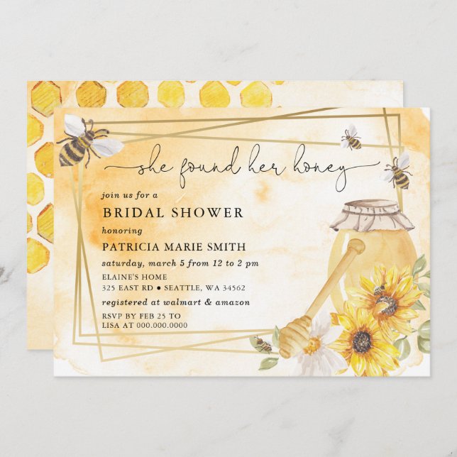 Invitation She Found Her Honey Floral Bee Bridal Shower (Devant / Derrière)