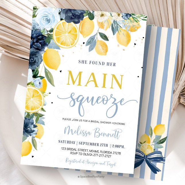 Invitation She Found Her Main Squeeze Lemon Bridal Shower  (she found her main squeeze,lemon bridal shower invitation,citrus bridal shower,mediterranean,summer )