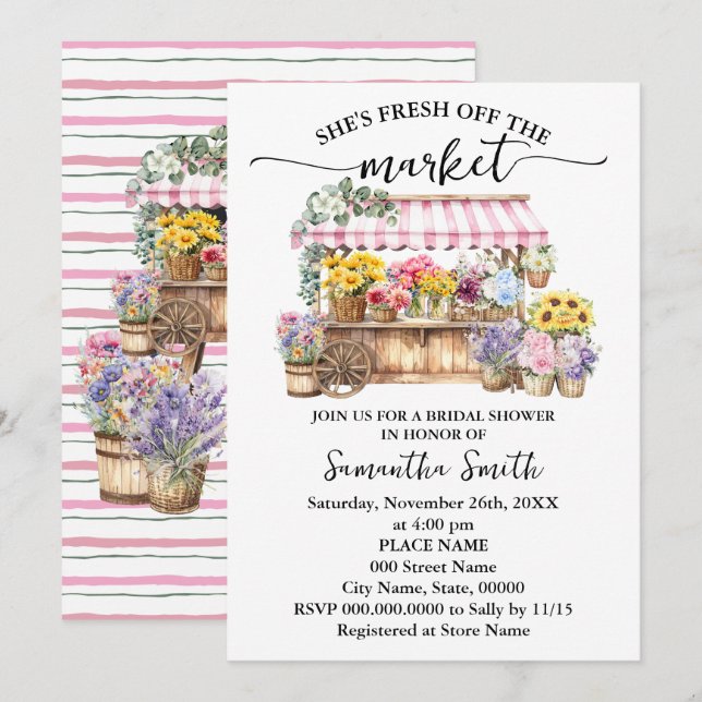 Invitation She is Fresh Off the Market Floral Bridal Shower (Devant / Derrière)