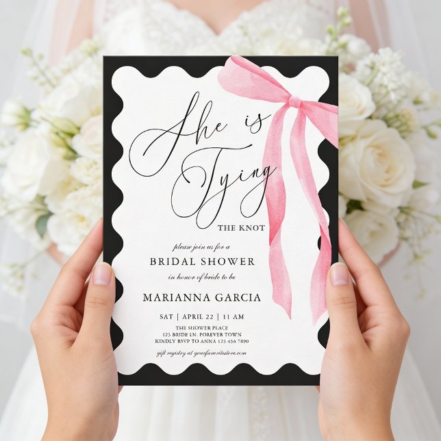 Invitation She is Tying the Knot Pink Bow Bridal Shower (Front of the invite shown in 5 x 7 inches, choose size, paper, and corner style.)