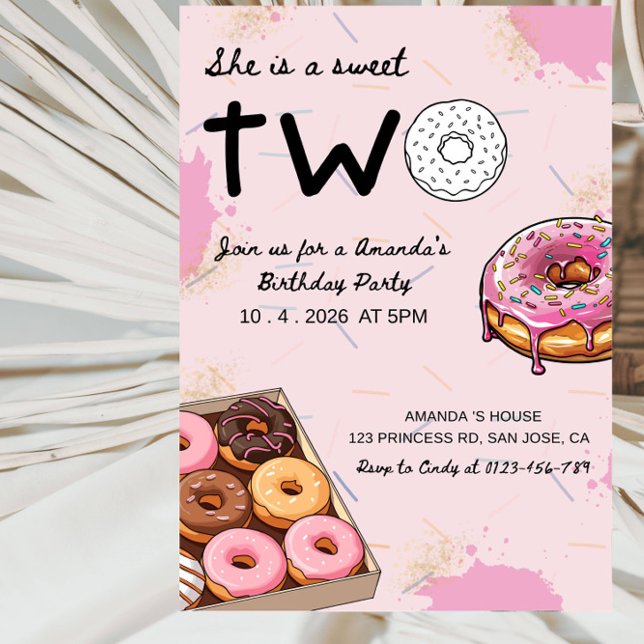 Invitation She’s a Sweet TWO Donut-Girl’s 2nd Birthday Party  (Créateur téléchargé)