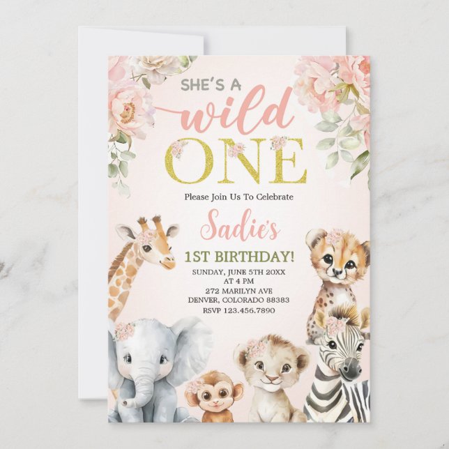 Invitation She’s a Wild One Floral Safari Girl 1st Birthday (Devant)