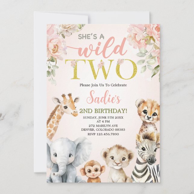 Invitation She’s a Wild Two Floral Safari Girl 2nd Birthday (Devant)