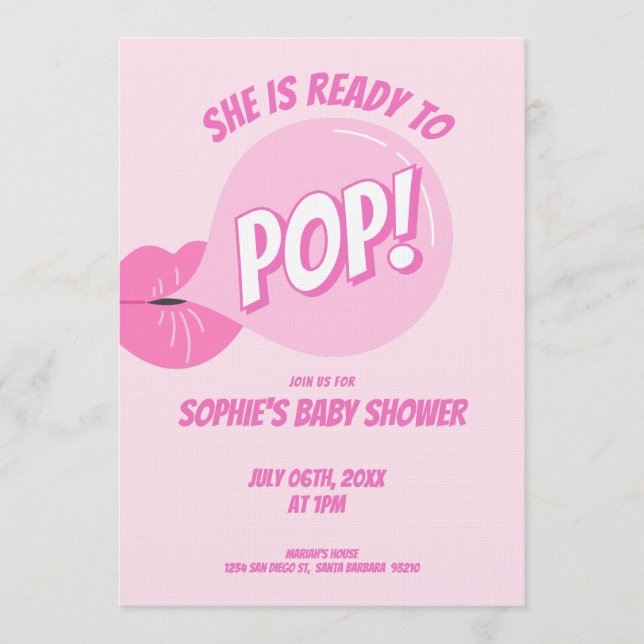 Invitation She’s Ready to Pop Bubble Gum Girl Baby Shower (Devant)