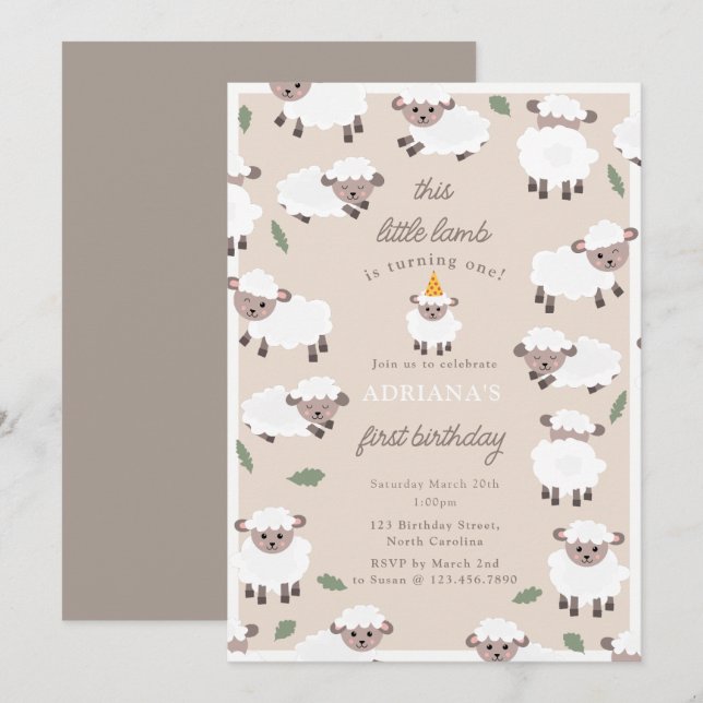 Invitation Sheep Lamb Cute Farm Party Animals 1st Birthday (Devant / Derrière)