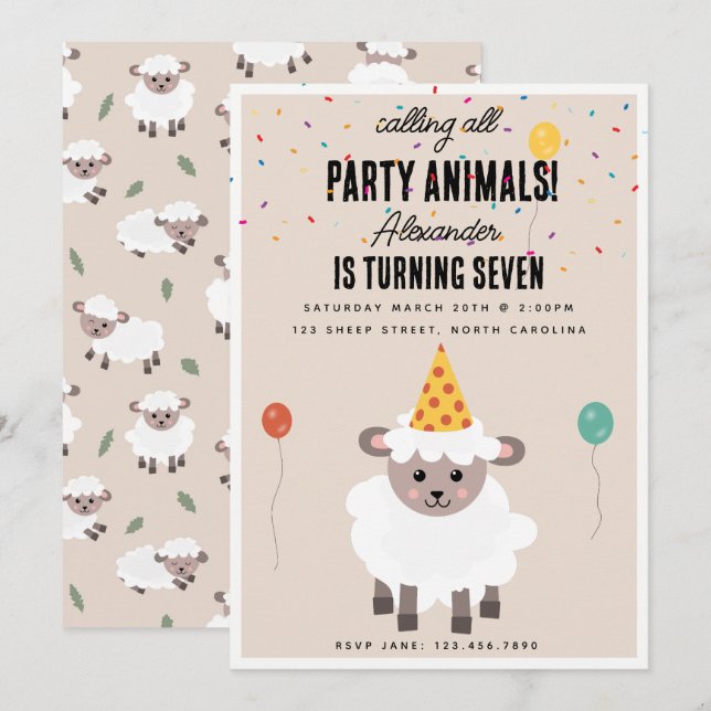 Invitation Sheep Lamb Cute Farm Party Animals Birthday (Devant / Derrière)
