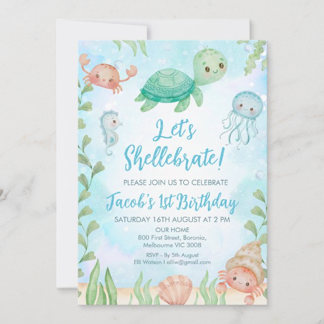 Invitation Shellebrate Sea Turtle Under Sea Birthday (Devant)