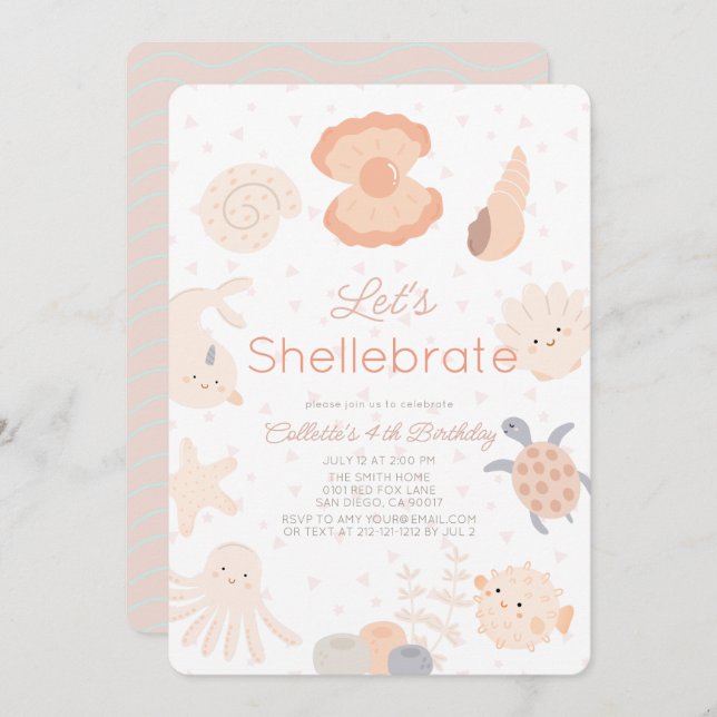 Invitation Shellebrate Seashell Créations Anniversaire rose (Devant / Derrière)