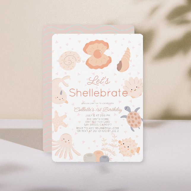 Invitation Shellebrate Seashell Créatures rose 1er anniversai (Créateur téléchargé)