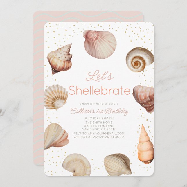Invitation Shellebrate Seashell Réaliste 1er anniversaire (Devant / Derrière)