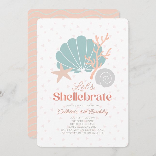 Invitation Shellebrate Seashell Retro Rose Girl Anniversaire (Devant / Derrière)