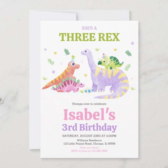 Invitation She's a Three rex Trex Dinosaur Birthday (Devant)