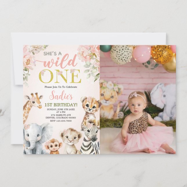 Invitation She's a Wild One Floral Safari Birthday Photo (Devant)
