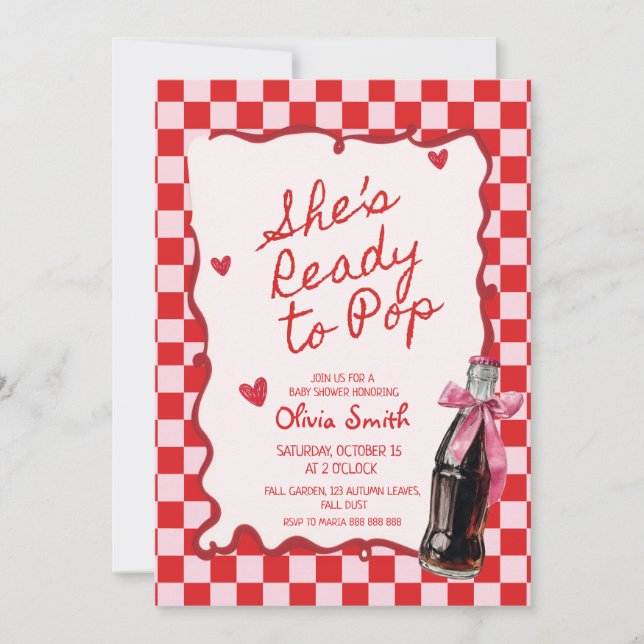 Invitation  She's Ready to Pop Soda pink & red Baby Shower  (Devant)