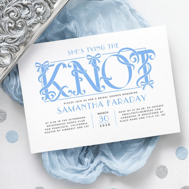 Invitation She's Tying The Knot Dusty Blue Bow Bridal Shower (Dusty Blue Bow Bridal Shower Invitation with luxury rococo era's design)
