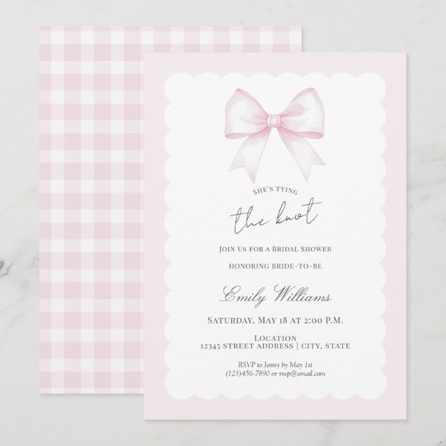 Invitation She's Tying The Knot Pink Blush Bow Bridal Shower (Devant / Derrière)