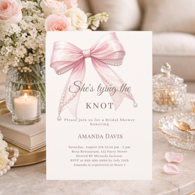 Invitation She's tying the knot pink bow pearls Bridal Shower (Créateur téléchargé)