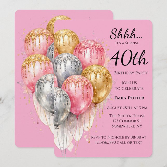 Invitation Shh Surprise Birthday Party in Pink Silver & Gold (Devant / Derrière)