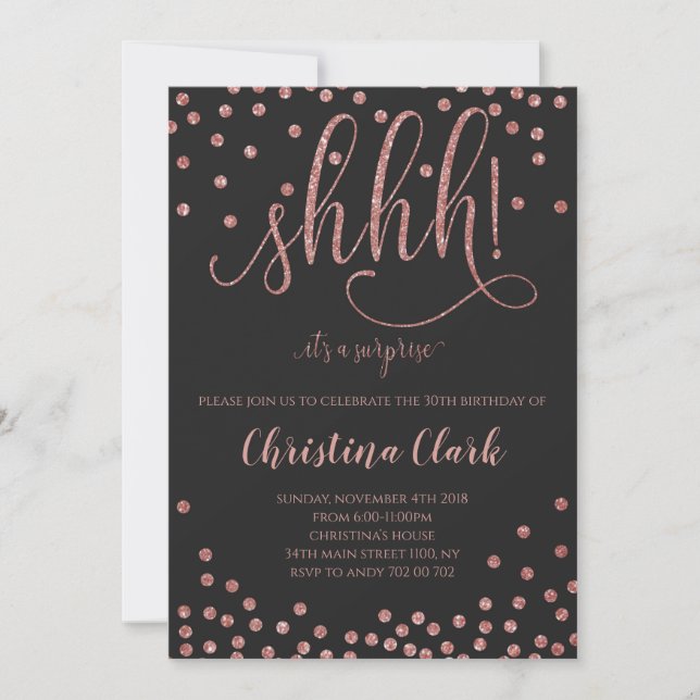 Invitation Shh Surprise Birthday Party Rose Gold Confetti (Devant)