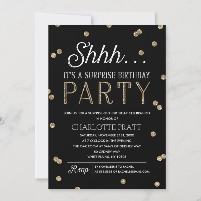 Invitation Shh Surprise fête d'anniversaire Faux Parties scin (Devant)