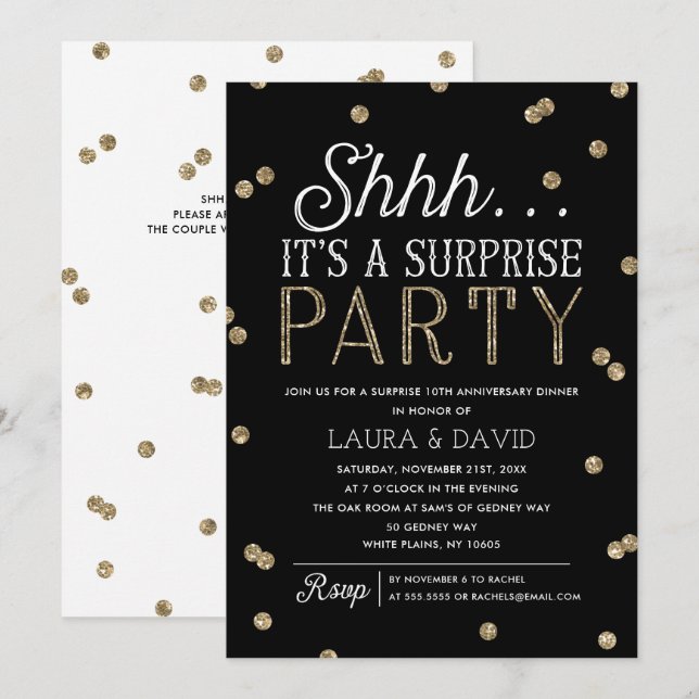 Invitation Shh Surprise Party Faux Gold Parties scintillant C (Devant / Derrière)