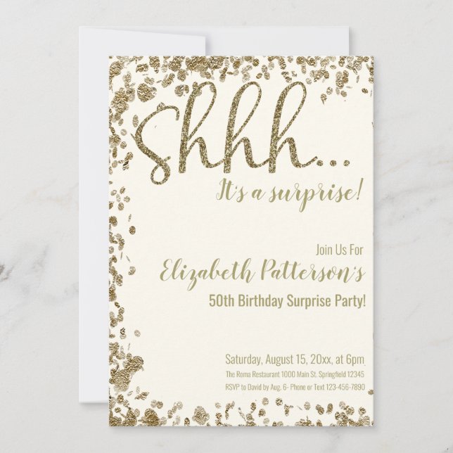 Invitation Shhh C'est une surprise fête d'anniversaire Gold A (Devant)