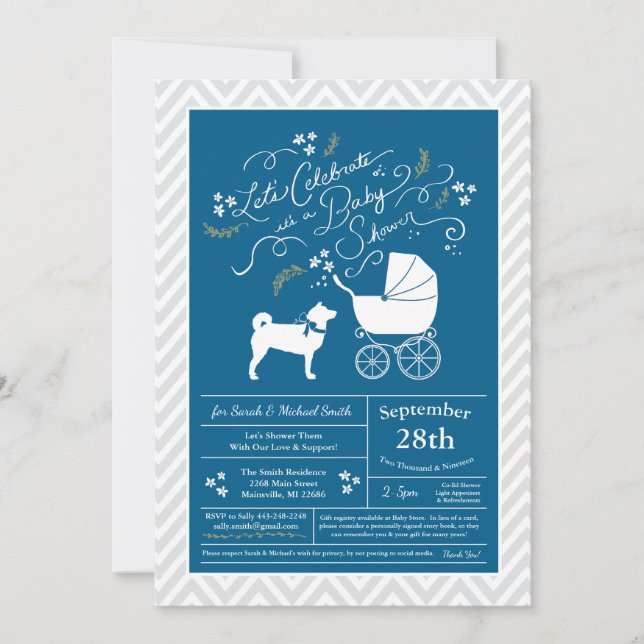 Invitation Shiba Inu Chien Baby Douche Garçon Bleu (Devant)