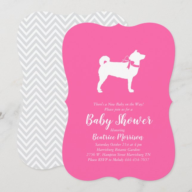 Invitation Shiba Inu Chien Baby shower fille rose (Devant / Derrière)
