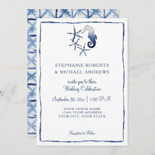 Invitation Shibori Tie Dye Indigo Seahorse Beach Art