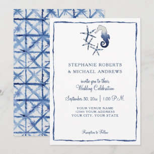 Invitation Shibori Tie Dye Indigo Seahorse Starfish Beach Art