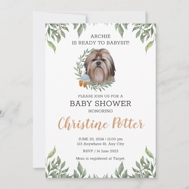 Invitation Shih Tzu Chien Chien Chiot Verdure Baby shower Boh (Devant)