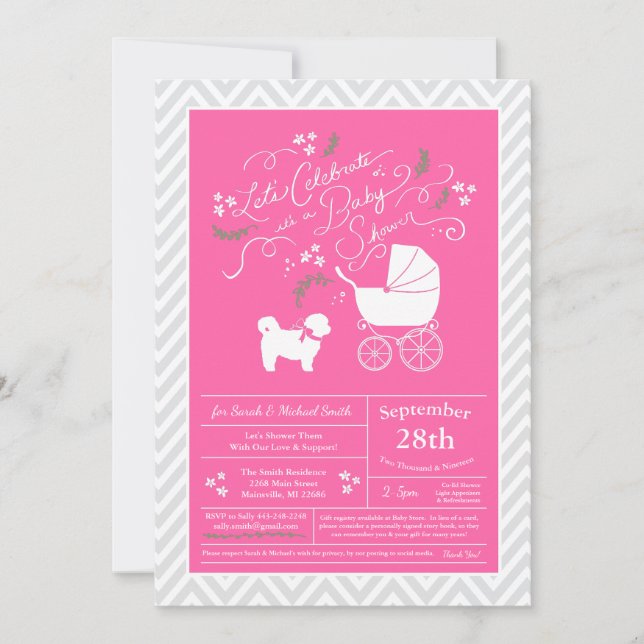 Invitation Shih Tzu Teddy Ours Chien Baby shower Rose fille (Devant)