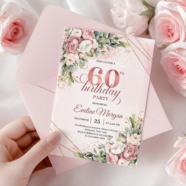 Invitation Shimmering Dusty Pink Floral Rose Gold 60 Birthday (Shimmering Dusty Pink Floral Rose Gold 60th Birthday)