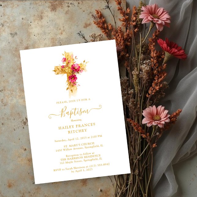 Invitation Shimmering Gold Cross Baptism Celebration Design (Shimmering Gold Glitter Floral Cross Christian Baptism Card Design. )