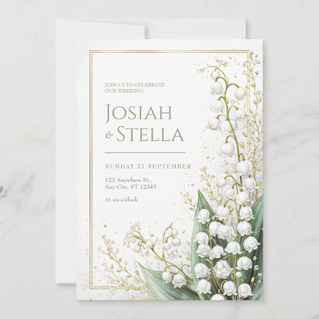 Invitation Shimmering Gold Dust Lily Valley Frame Wedding (Devant)