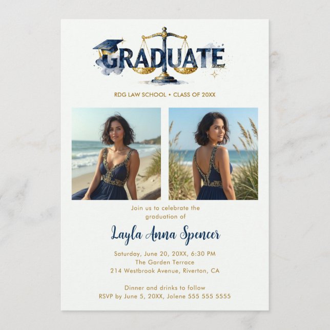 Invitation Shimmering Navy & Gold Law Graduation Cap 2-Photo (Devant)