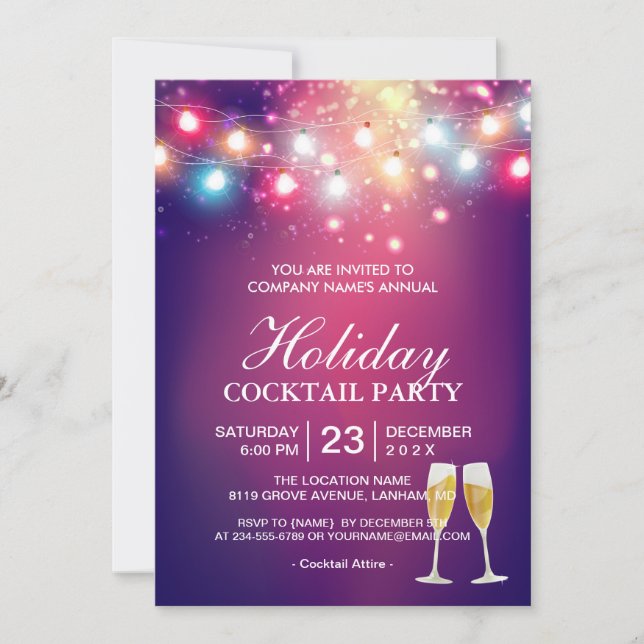 Invitation Shiny Bokeh String Lights Holiday Cocktail Party (Devant)