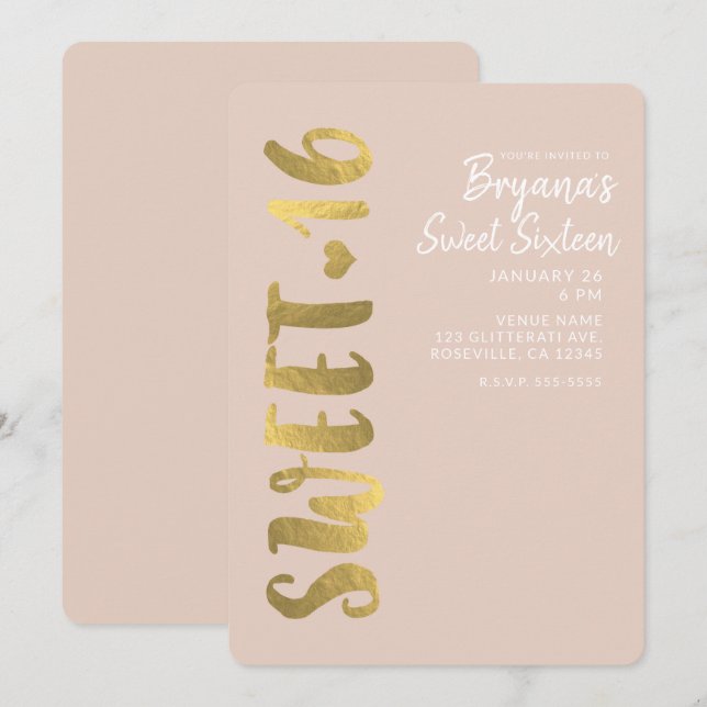 Invitation Shiny Faux Gold Foil Beige Sweet 16 Seteen Party (Devant / Derrière)