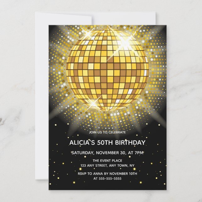 Invitation Shiny Gold Halftone Disco Ball Black Anniversaire (Devant)