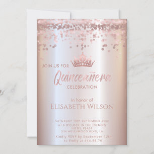 Invitation Shiny rose en or confetti tiara Quinceañera Invita