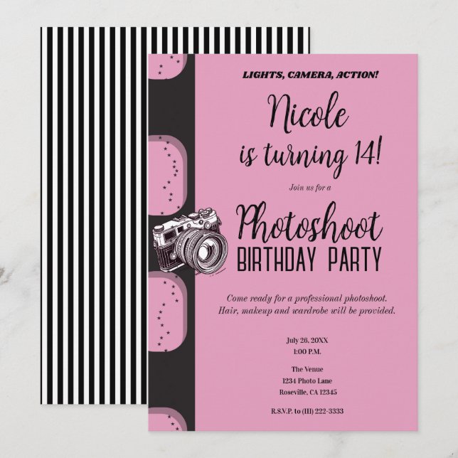 Invitation Shooting Photo Anniversaire Noir Rose Photographie (Devant / Derrière)